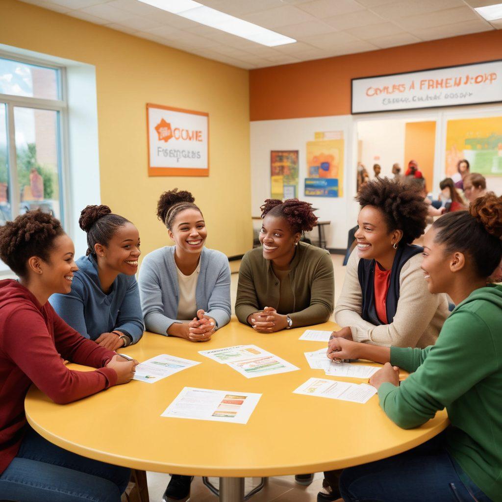 A warm and welcoming scene depicting a diverse group of people in a community center, actively engaging in discussions and support activities. Include elements like resource brochures, a 'Support Group' sign, and various interactions showcasing friendship and encouragement. Soft lighting and cheerful expressions enhance the atmosphere of hope and unity. Vibrant colors. super-realistic.