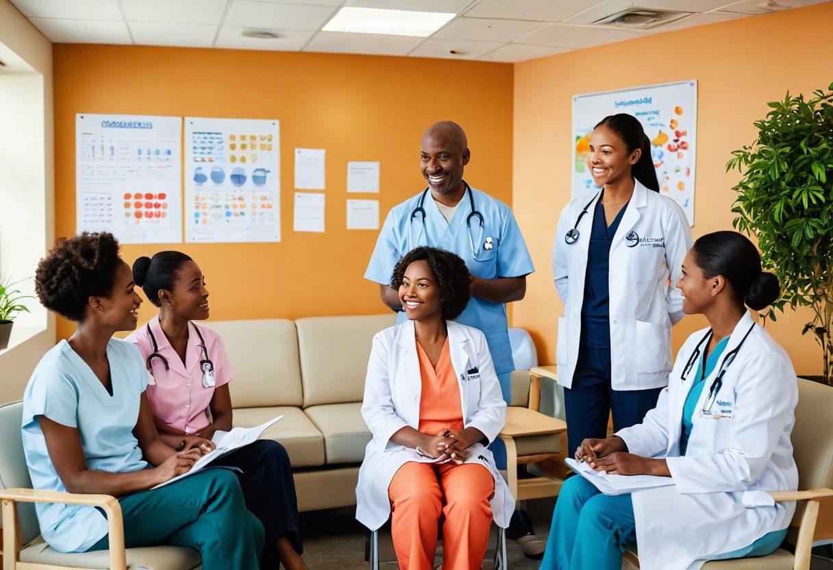 A serene scene depicting a diverse group of patients and healthcare professionals in a bright, welcoming clinic, showcasing open communication and support. Incorporate elements symbolizing wellness, like plants and wellness charts, and background posters of cancer research breakthroughs. Patients are engaged in discussions, sharing experiences, and smiling, symbolizing community support and empowerment. Warm color palette to evoke hope and collaboration. super-realistic. vibrant colors. light background.